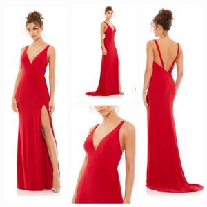 New MAC DUGGAL 25846 Red Sleeveless Plunge Neck High Slit Gown Women's (6) $278